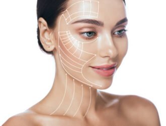Lifting lines, advertising of face contour correction, skin and neck lifting. Facial rejuvenation concept, cosmetology