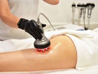 Rf skin tightening. Hardware cosmetology. Ultrasound cavitation body contouring treatment, anti-cellulite and anti-fat therapy in beauty salon. Large collage with different parts of the body