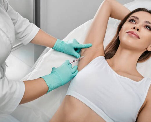 istockphoto-1368250780-612x612 Underarm hyperhidrosis treatment. Armpit injections to prevent excessive sweating for female patient with beautician at cosmetology