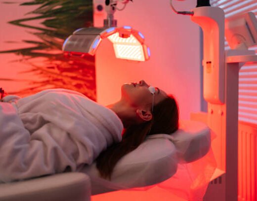 istockphoto-2142004616-612x612 Side view of female patient undergoes red LED light or RLT therapy for skin rejuvenation at modern luxury aesthetic clinic. Young brunette woman client having non-invasive type of phototherapy.