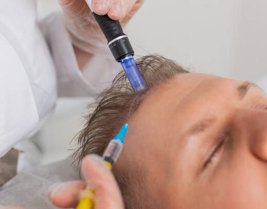 istockphoto-2190458602-612x612 Alopecia. Man hair loss improve growth treatment regeneration, dermapen microneedling vitamin exosomes syringe injections. Trichologist cosmetologist doctor head scalp procedure fractional mesotherapy