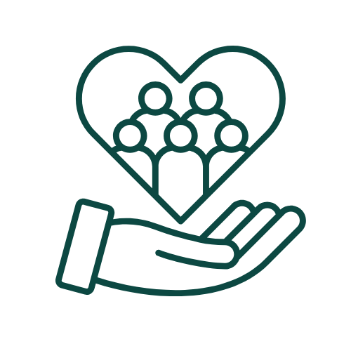A simple line drawing of an open hand supporting a heart shape with four human figures, symbolizing care, support, and community—reflecting the spirit behind acne scar treatment in Anna Nagar.