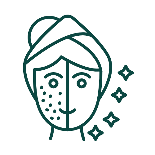 Line drawing of a woman's face with a towel on her head—one side shows acne, the other clear and glowing after acne scar treatment in Anna Nagar, with sparkle icons highlighting the radiant skin.